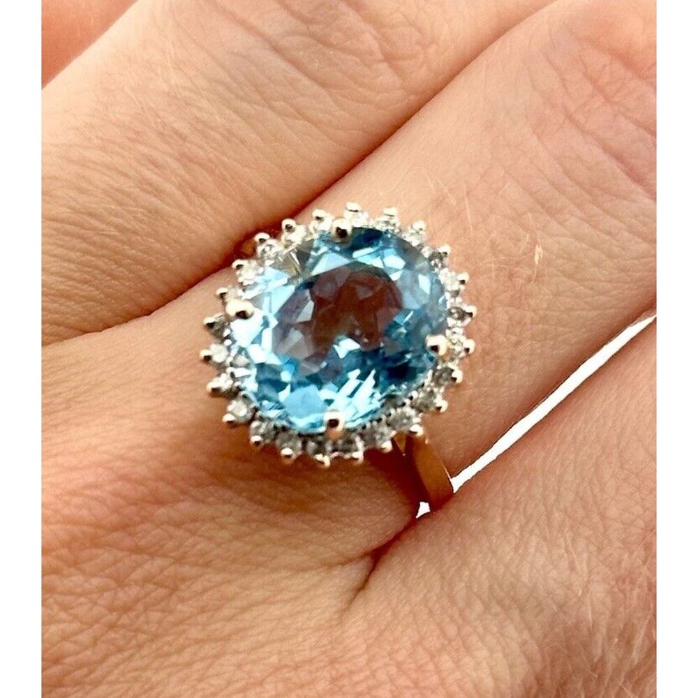 14k Solid Yellow Gold Blue Topaz And Natural Diamonds Halo Ring